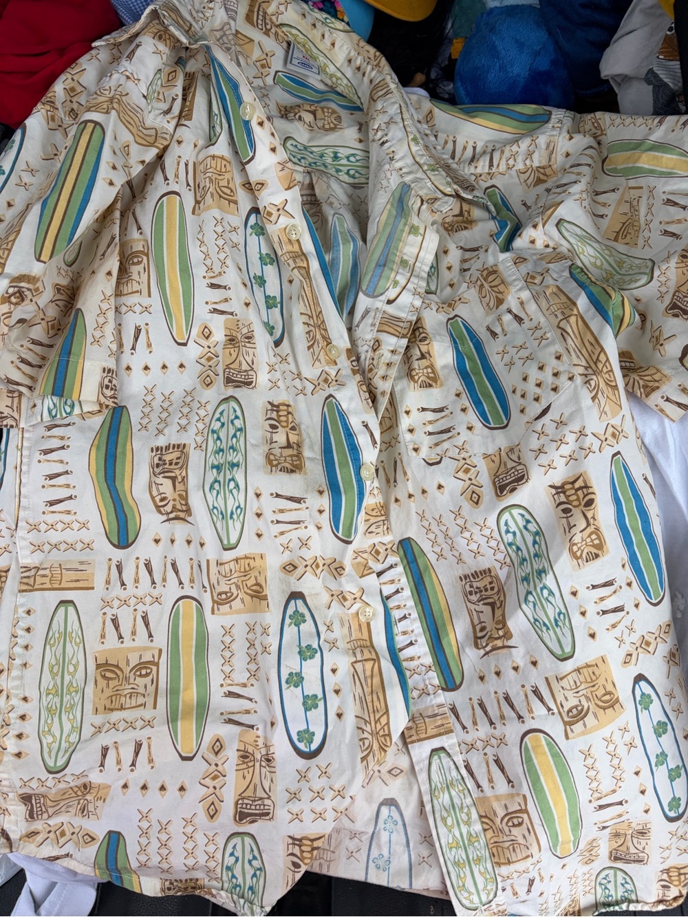 Old Navy Cream Button-Down Shirt with Blue, Green & Yellow Surfboard Print